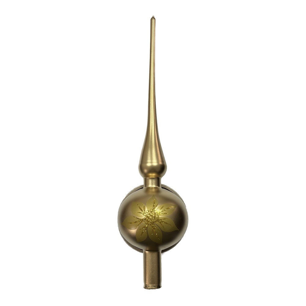 Premium Mundgeblasener matter goldener Glas-Christbaumspitz mit Blütenmotiv – 32 cm