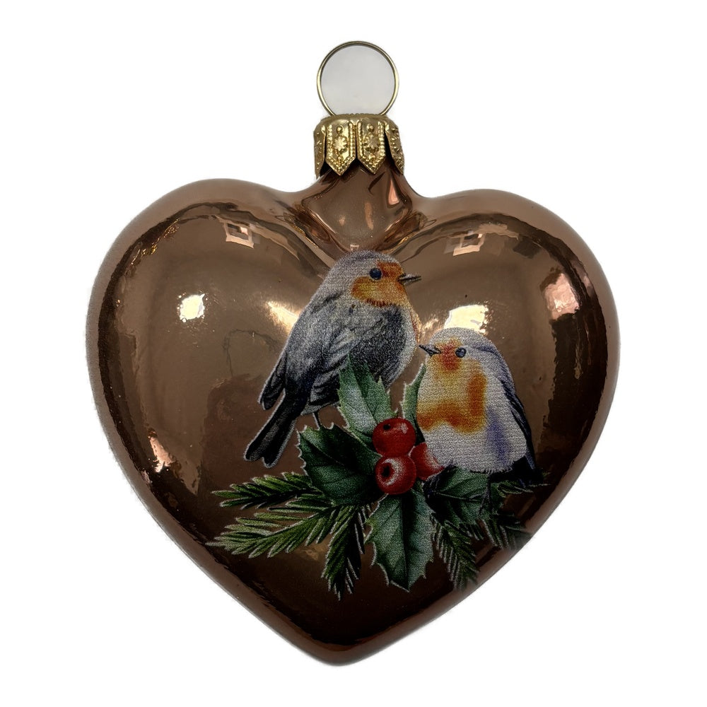 Premium Glasherz mit Vogelmotiv und grünen Zweigen