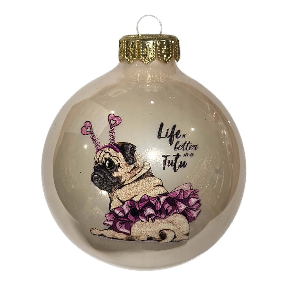 Premium Weihnachtskugel Mops im Tütü