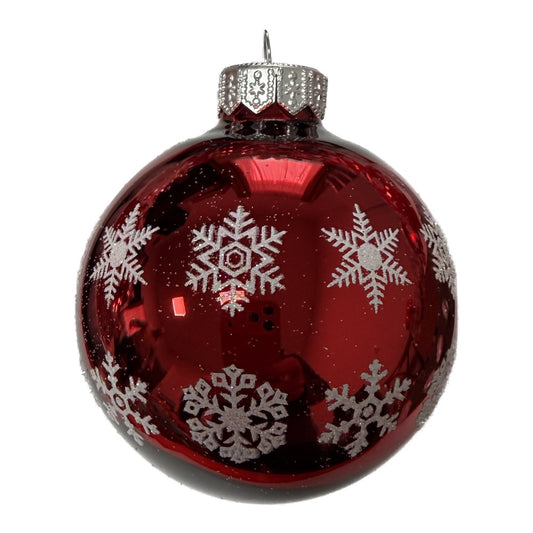 Premium Weihnachtskugel mit zarten Schneeflocken glanzend rot