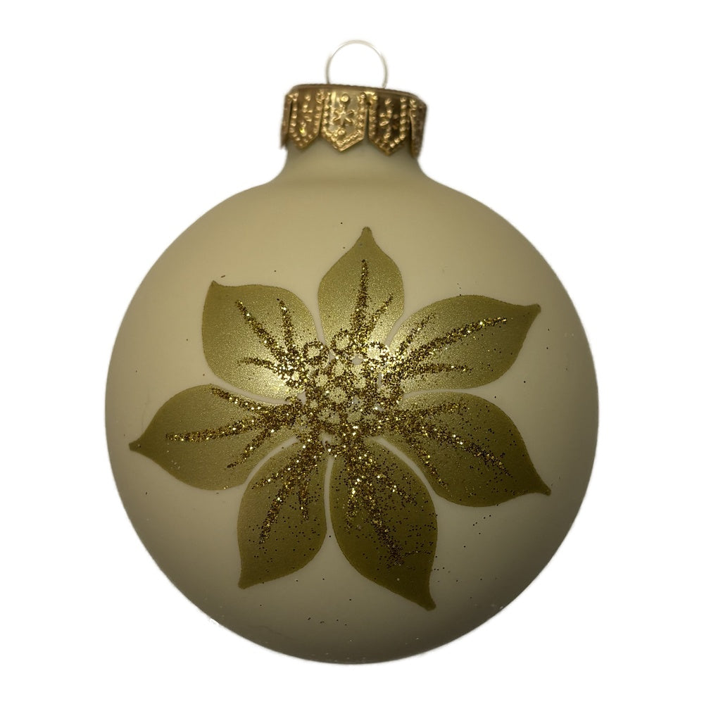 Premium Weihnachtskugel mit goldenem Blütenmotiv und Glitzer