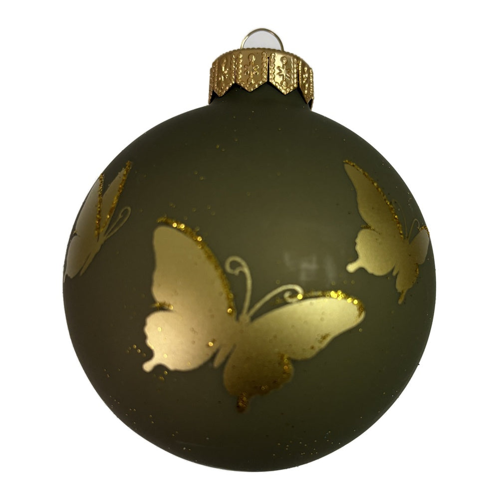 Premium Weihnachtskugel salbeigrün mit goldenen Schmetterlingen