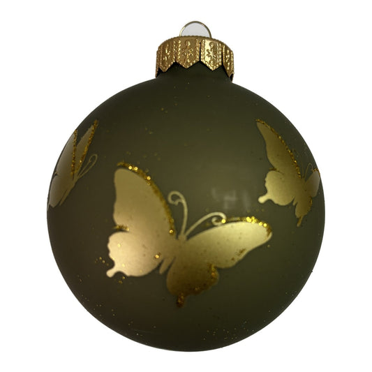 Premium Weihnachtskugel salbeigrün mit goldenen Schmetterlingen