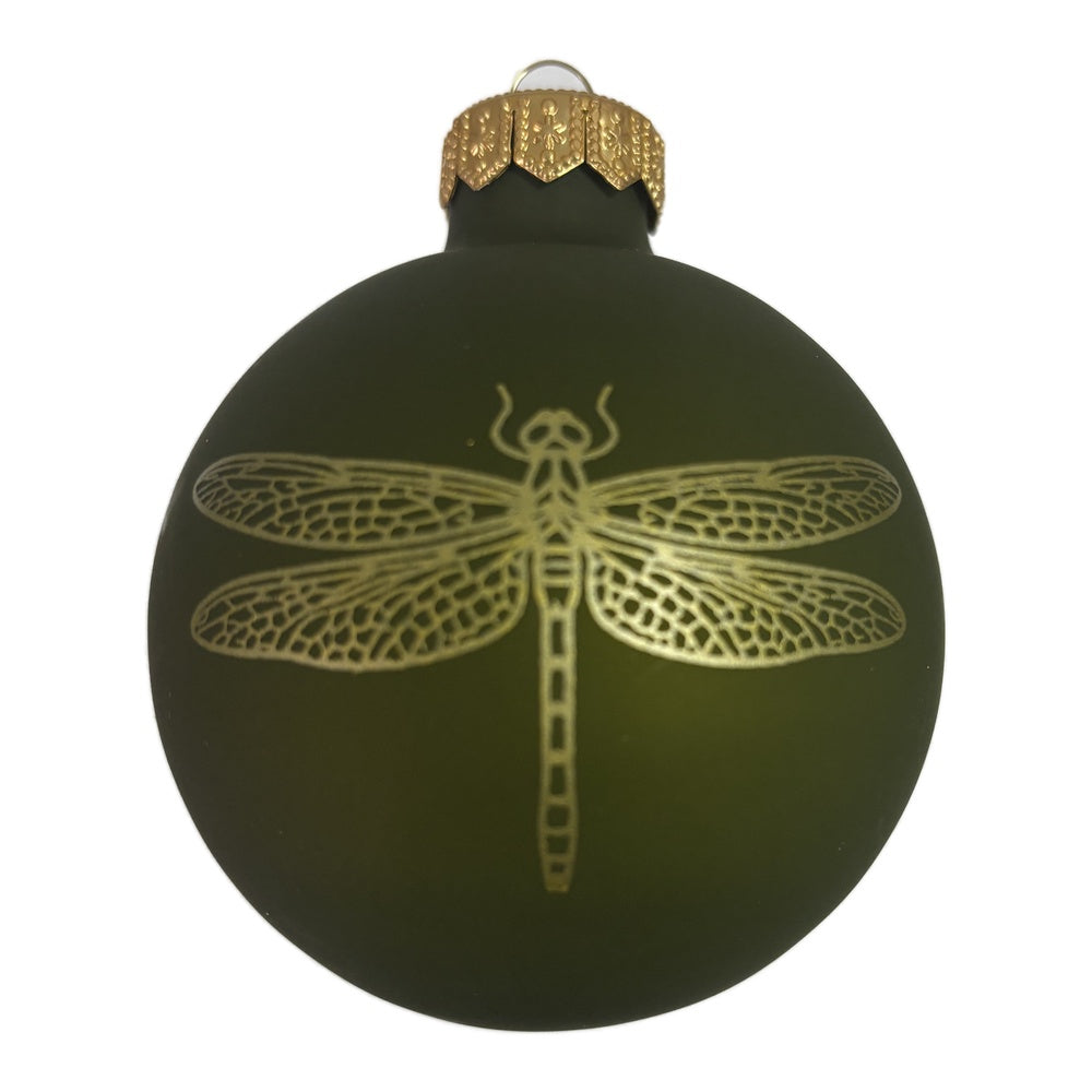 Premium  Weihnachtskugel salbeigrün mit goldener Libelle