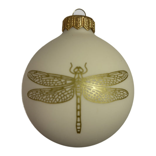 Premium Weihnachtskugel in Elfenbein mit goldener Libelle