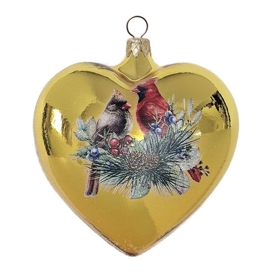 Premium Glänzendes goldenes Glasherz mit Vogelpaar