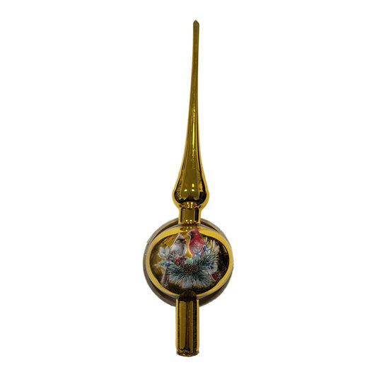 Premium Mundgeblasener goldener Glas-Christbaumspitz mit Vogelpaar – 32 cm